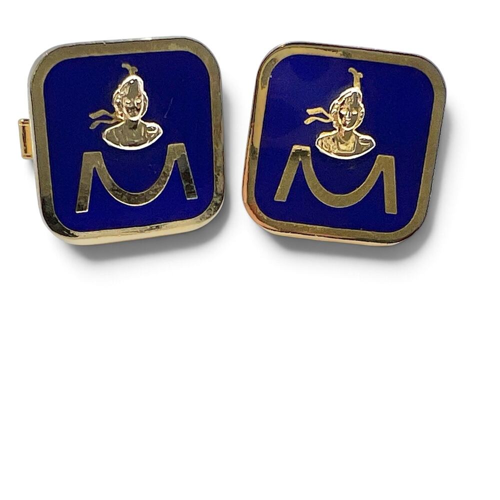 Vintage Macdonald Tobacco Scottish Lass Cufflinks Blue Enamel Shiny Gold Tone
